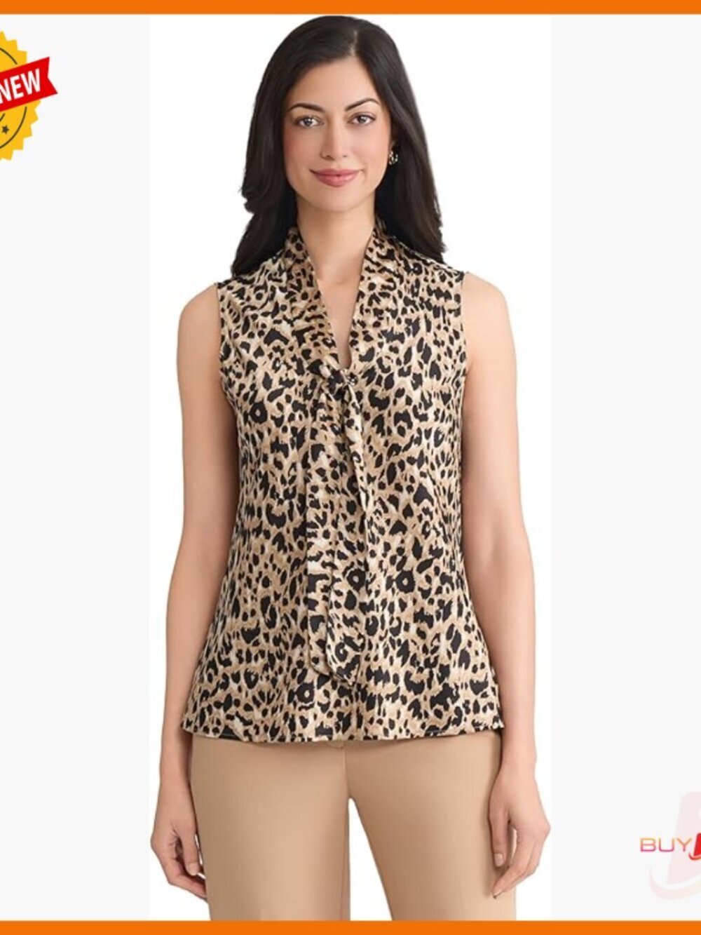 Animal Print Sleeveless Tie Neck Blouse Classic Fit 1X